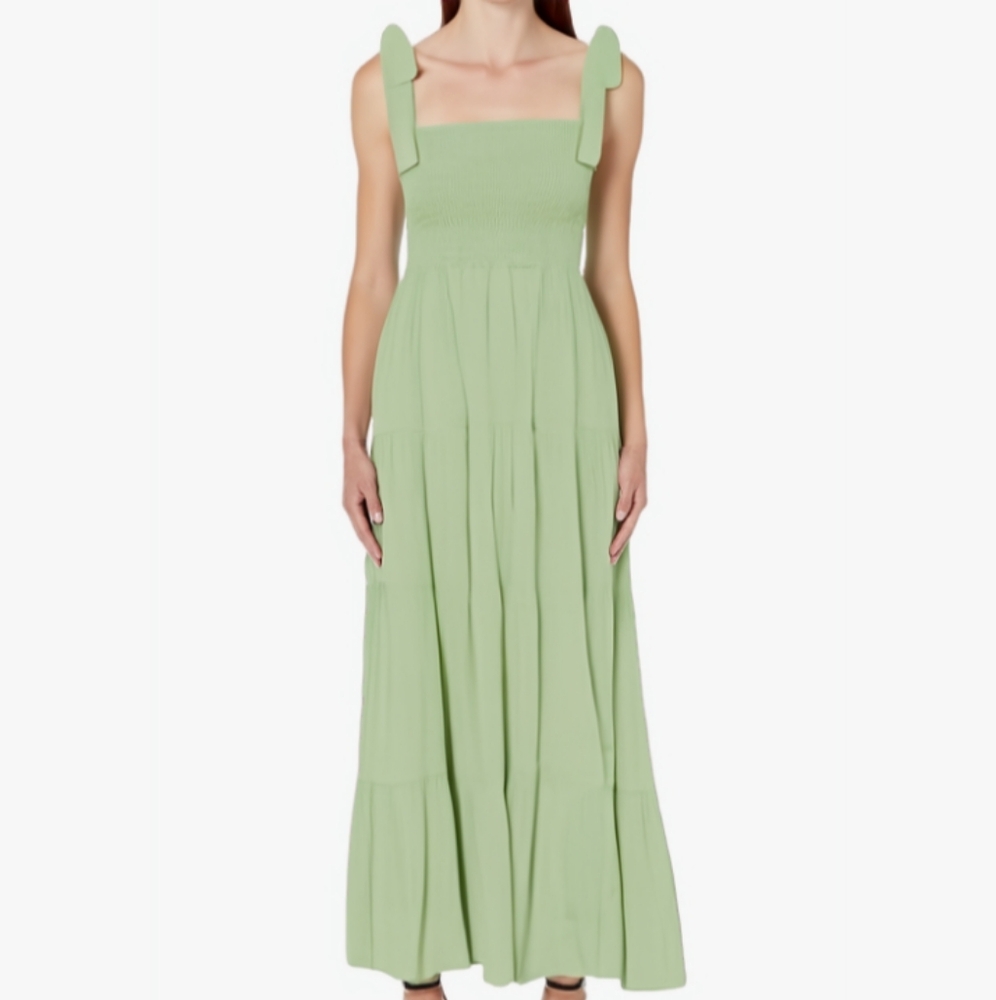 Mint Green Maxi Tiered Boho Dress Shoulder Ties Long Flowy Bohemian Tie Sundress
